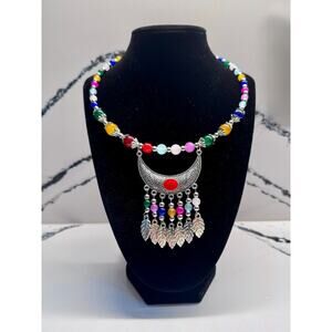 Boho Multicolor Beaded Statement Necklace Crescent Pendant